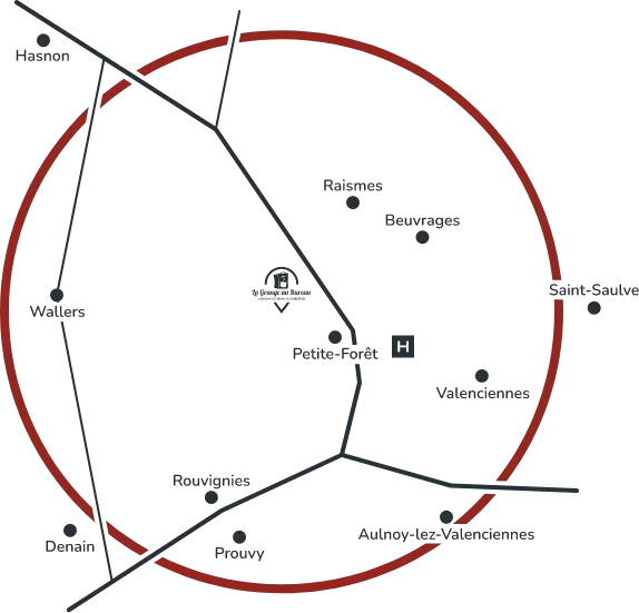 Carte représentant les villes autour de la Grange d'Aubry